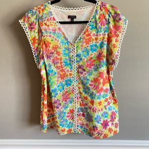 Talbots Multicolor Floral Petal Blouse XS Embroidered Short Sleeve 100% Cotton